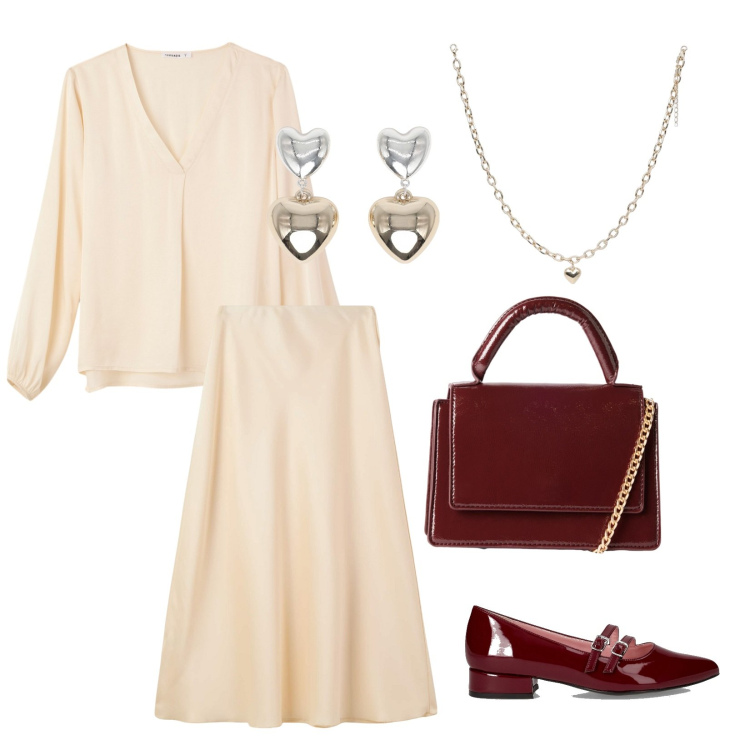 Outfit donna - Serata elegante. Stile Bon Ton per Serata fuori. Abbinamento con collane, gonne lunghe, orecchini, borse a tracolla, bluse, ballerine.