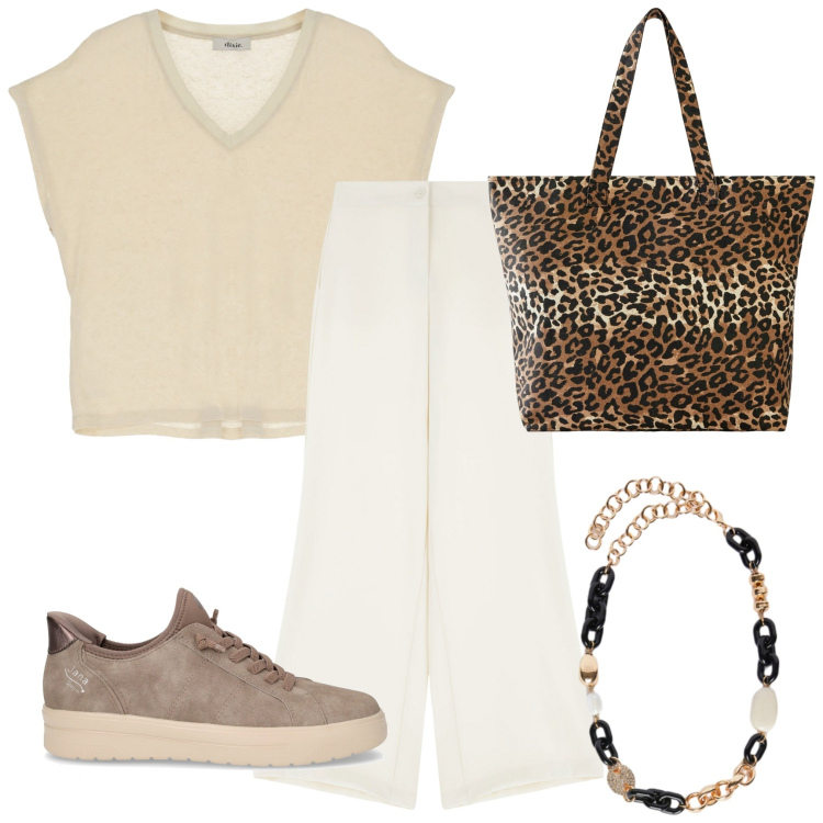 Outfit donna - Colazione in piazza. Stile Casual per Tutti i giorni. Abbinamento con shopping bag, pantaloni, t-shirt, collane, sneakers.