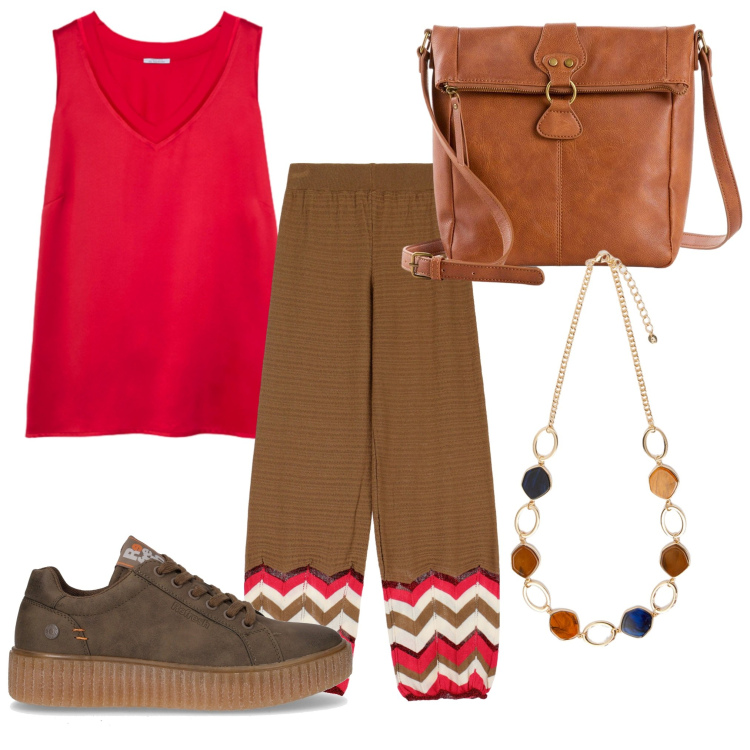 Outfit donna - Una merenda al parco. Stile Casual per Tutti i giorni. Abbinamento con borse a tracolla, pantaloni, collane, top, sneakers.