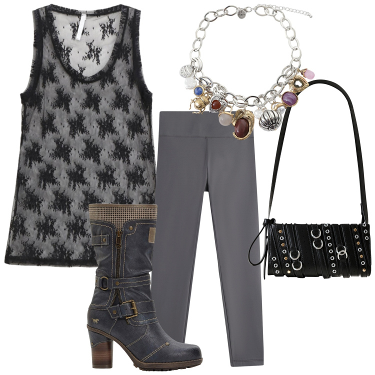 Outfit donna - Gli stivali stilosi. Stile Trendy per Tutti i giorni. Abbinamento con stivali, borse a spalla, canottiere, leggings, braccialetti con ciondoli.