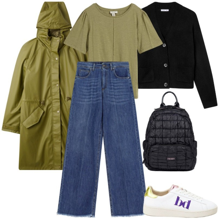 Outfit donna - Le mezze stagioni con praticità e stile. Stile Basic per Tutti i giorni. Abbinamento con t-shirt, cappotti, cardigans, zaini, sneakers, jeans.