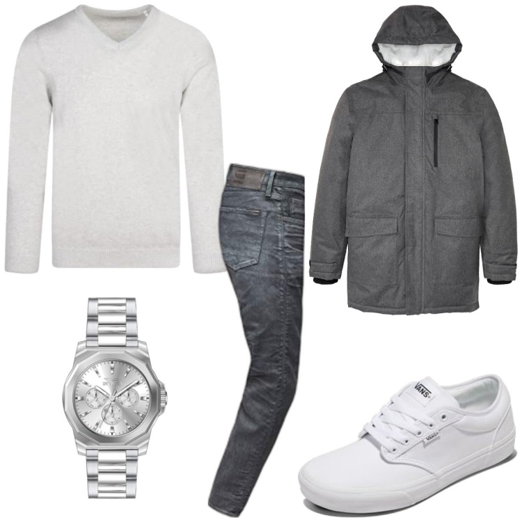 Outfit homme - Urban #4434. Style Urban pour Tous les jours. Assortir avec parka, pulls, montres analogiques, jean slim, sneakers.