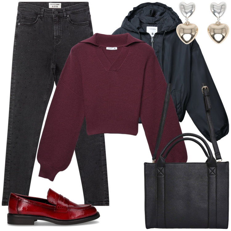 Outfit donna - Casual chic. Stile Casual chic per Tutti i giorni. Abbinamento con maglieria, jeans skinny, bomber, borse tote, orecchini, mocassini.
