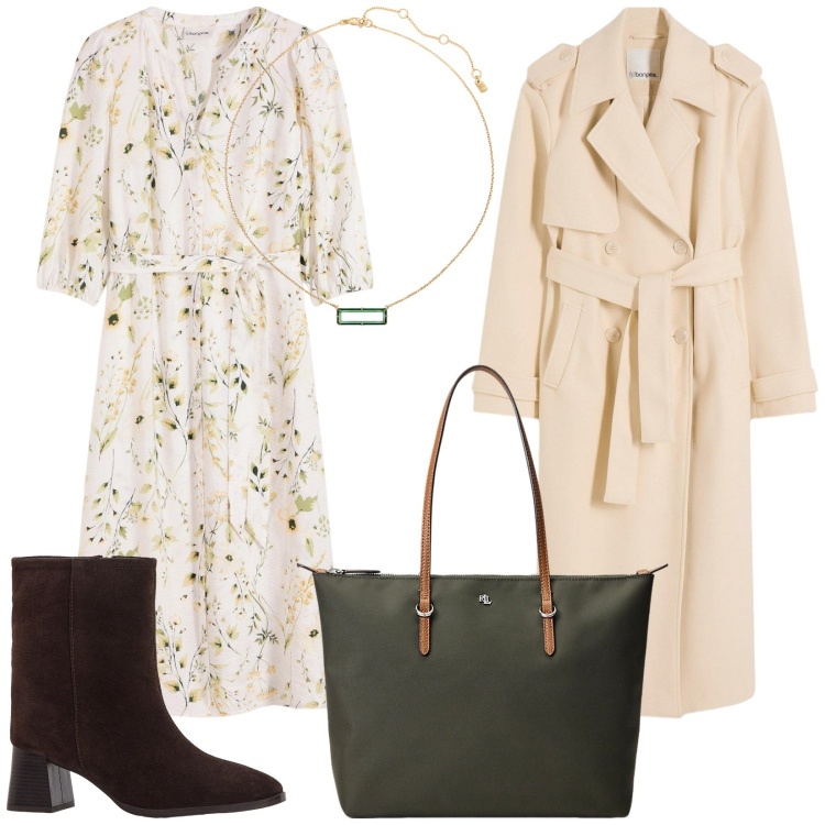 Outfit donna - Total look #2248540. Stile Boho per Tutti i giorni. Abbinamento con vestiti, trench, stivaletti, borse tote, collane.