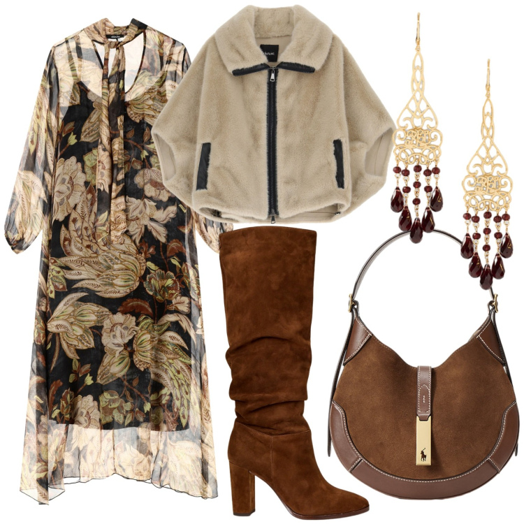 Outfit donna - Aperitivando. Stile Etnico per Tutti i giorni. Abbinamento con vestiti lunghi, blazer, stivali, borse a spalla, orecchini.