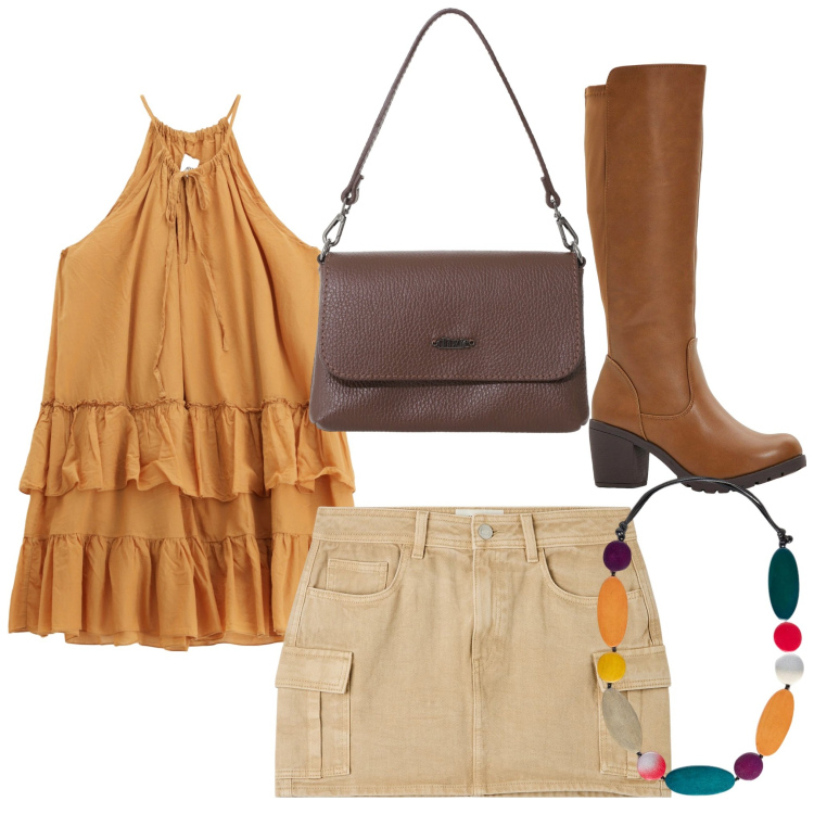 Outfit donna - Il top a balze e gli stivali. Stile Trendy per Tutti i giorni. Abbinamento con stivali, minigonne, vestiti corti, borse a tracolla, collane.