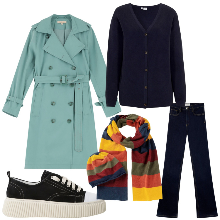 Outfit donna - E se piove.... Stile Casual per Tutti i giorni. Abbinamento con sciarpe, cardigans, jeans a zampa, trench, sneakers.