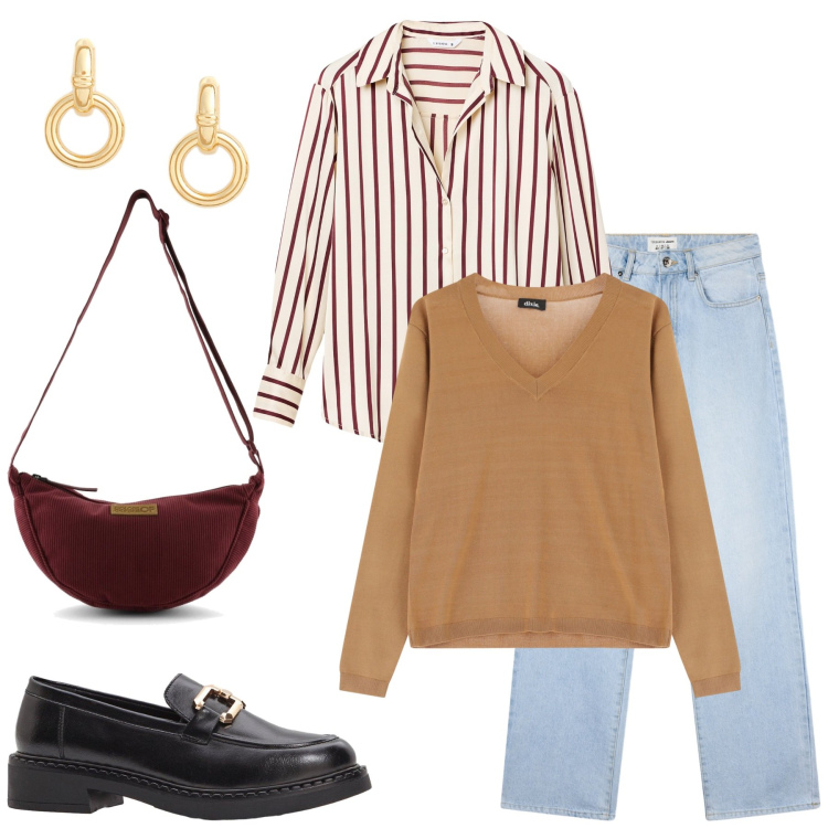 Outfit donna - Brunch domenicale di settembre. Stile Sporty chic per Tutti i giorni. Abbinamento con mocassini, jeans dritti, camicie, pullovers, orecchini, borse a tracolla.
