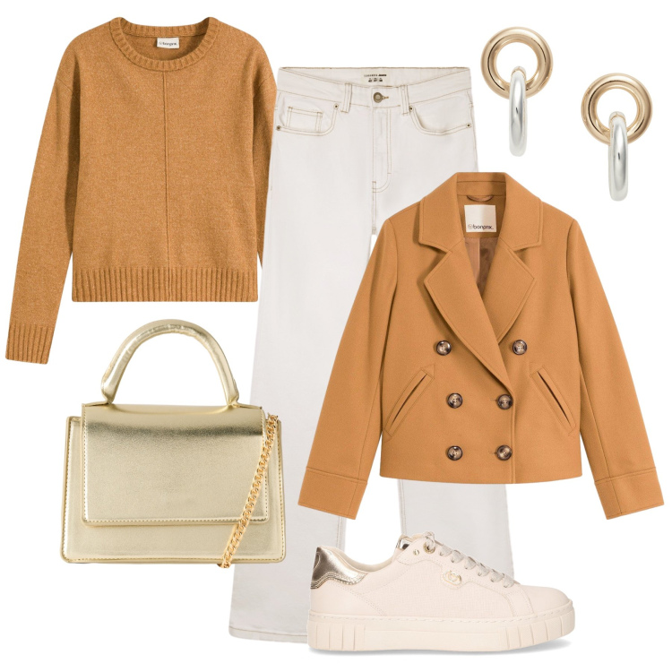 Outfit donna - Branch caramello e jeans. Stile Casual chic per Tutti i giorni. Abbinamento con caban, maglieria, borse a tracolla, jeans bootcut, orecchini, sneakers.