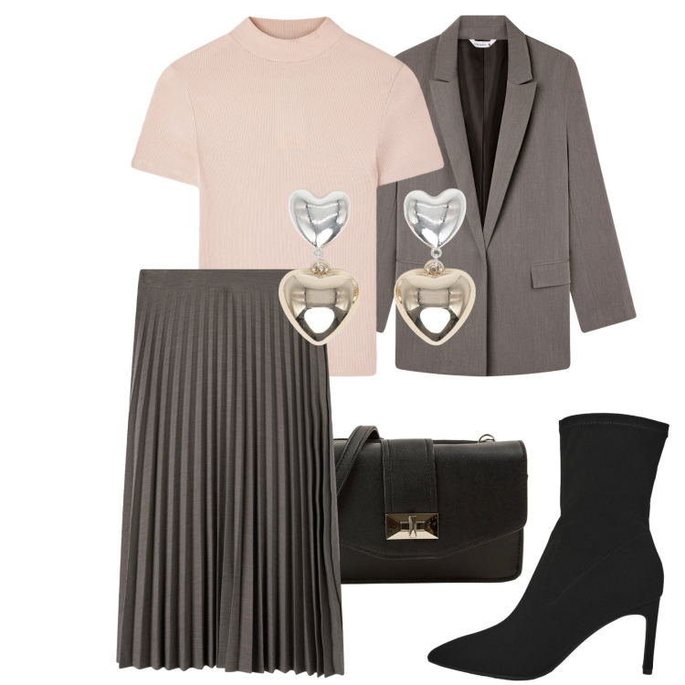 Outfit donna - Total look #2248550. Stile Minimal per Ufficio. Abbinamento con gonne lunghe, t-shirt, blazer, stivali, orecchini, borse a tracolla.