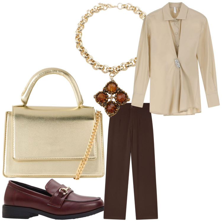 Outfit donna - Caramello. Stile Chic per Serata fuori. Abbinamento con mocassini, borse a tracolla, pantaloni, camicie, collane.