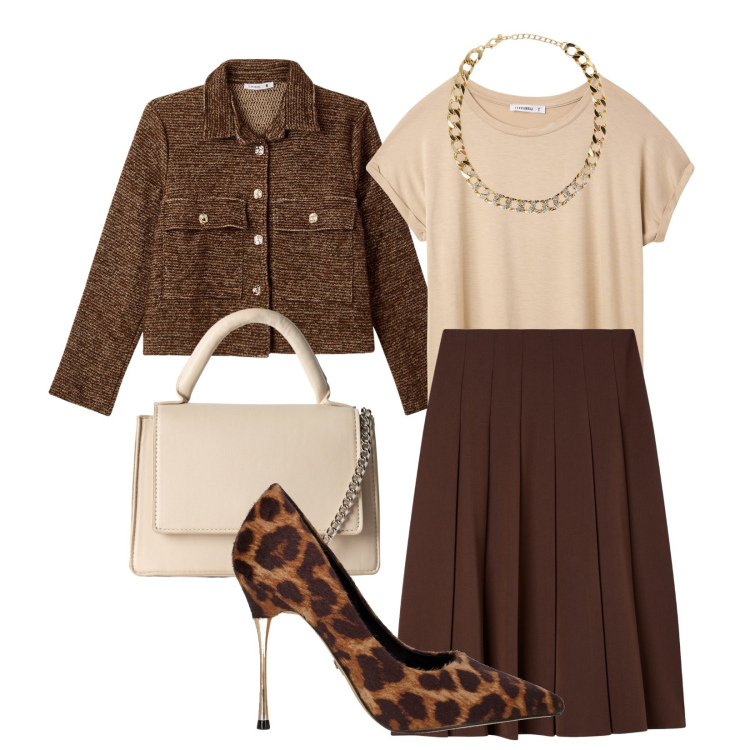 Outfit donna - Un tocco glam. Stile Glamour per Ufficio. Abbinamento con gonne lunghe, t-shirt, collane, borse a tracolla, blazer, décolleté.