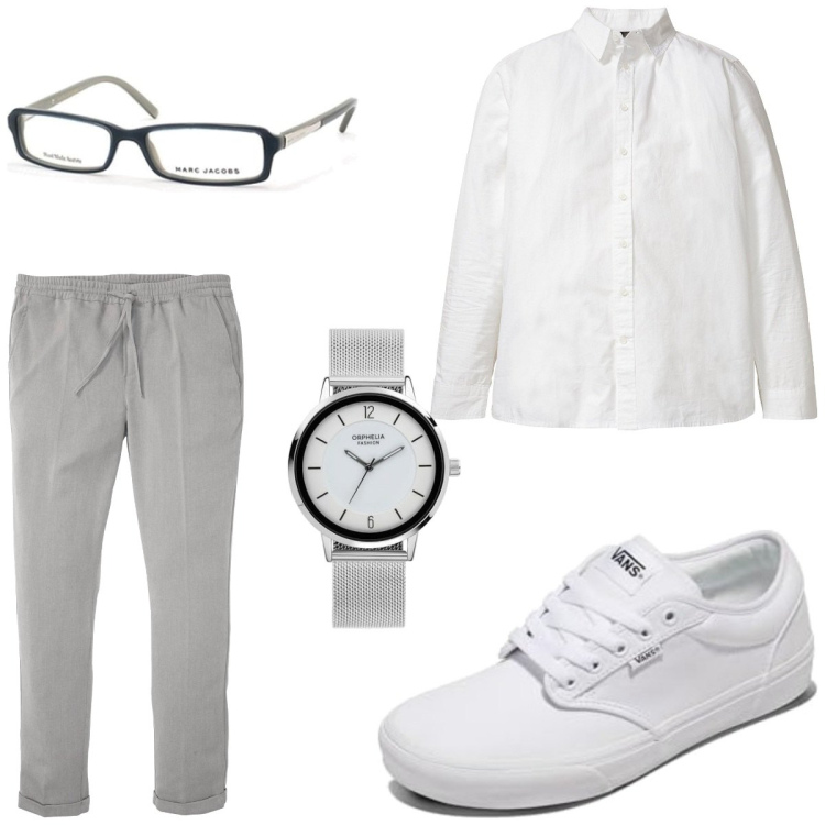 Outfit homme - Baskets blanches en septembre. Style Urban pour Tous les jours. Assortir avec chemisiers, pantalon , montres analogiques, sneakers, lunettes de soleil.