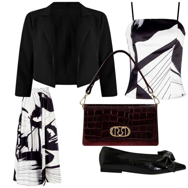 Outfit donna - Stellata. Stile Chic per Serata fuori. Abbinamento con gonne lunghe, canottiere, ballerine, bolero, borse a mano.