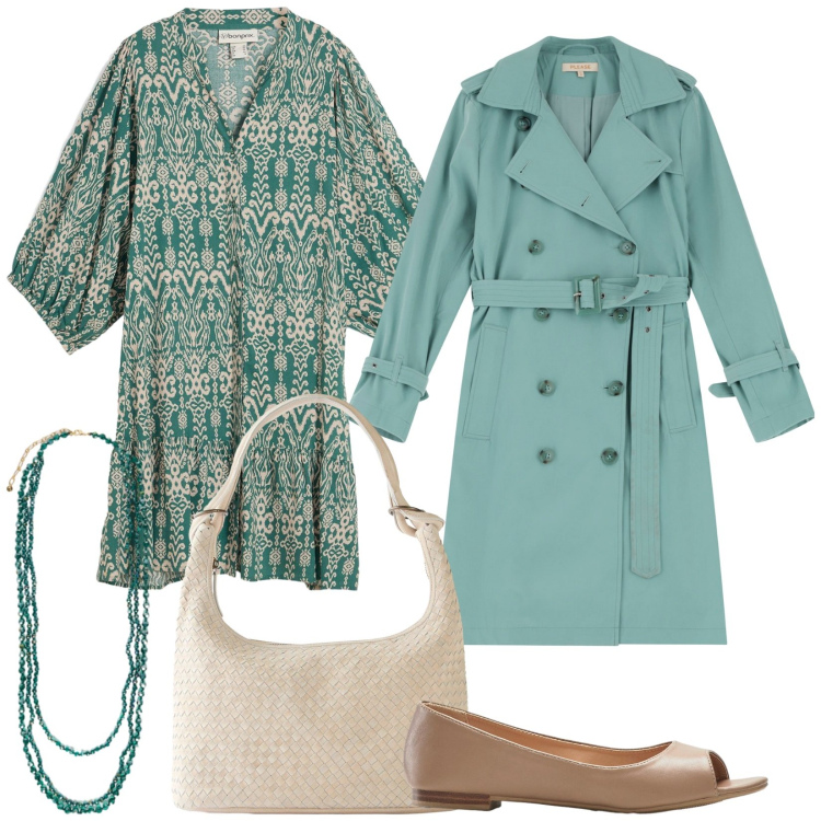 Outfit donna - Total look #2248562. Stile Bon Ton per Tutti i giorni. Abbinamento con shopping bag, ballerine, vestiti, trench, collane.