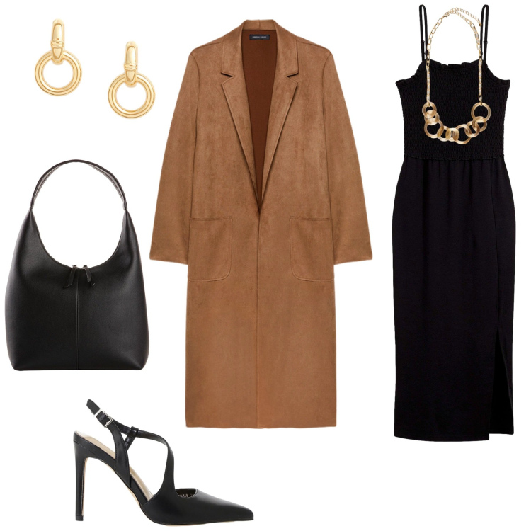 Outfit donna - Il trench fluido - Focus Donna Curvy. Stile Casual chic per Serata fuori. Abbinamento con vestiti midi/longuette, shopping bag, décolleté, orecchini, trench, collane.