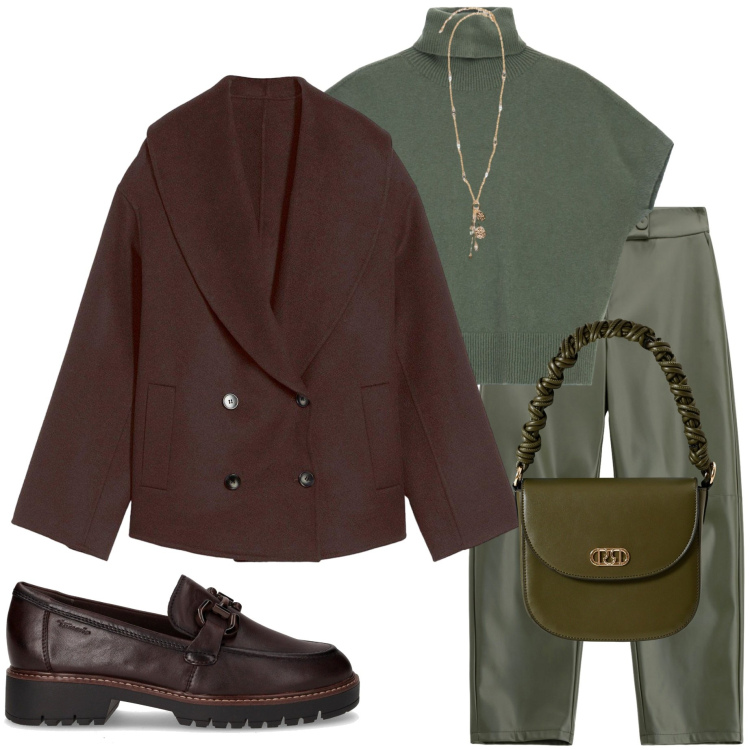 Outfit donna - Brunch domenicale. Stile Casual chic per Tutti i giorni. Abbinamento con blazer, borse a mano, maglieria, pantaloni, ciondoli, mocassini.
