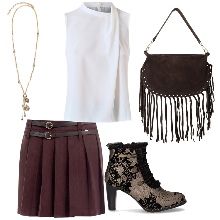 Outfit donna - Un appuntamento serale. Stile Rock per Serata fuori. Abbinamento con top, minigonne, borse a tracolla, ciondoli, stivaletti.