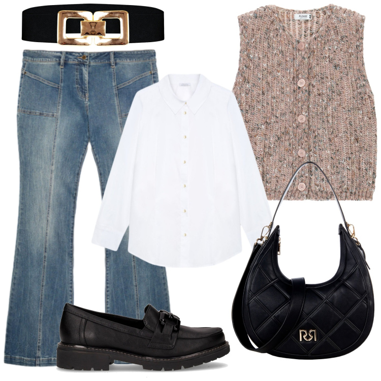 Outfit donna - Classica e chic. Stile Bon Ton per Tutti i giorni. Abbinamento con borse a tracolla, cinture, gilet, jeans, camicie, mocassini.