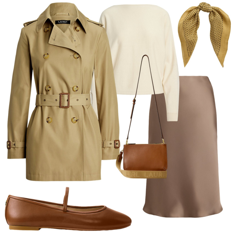 Outfit donna - Trench fluido. Stile Casual chic per Ufficio. Abbinamento con trench, borse a tracolla, foulard, gonne, ballerine, maglieria.
