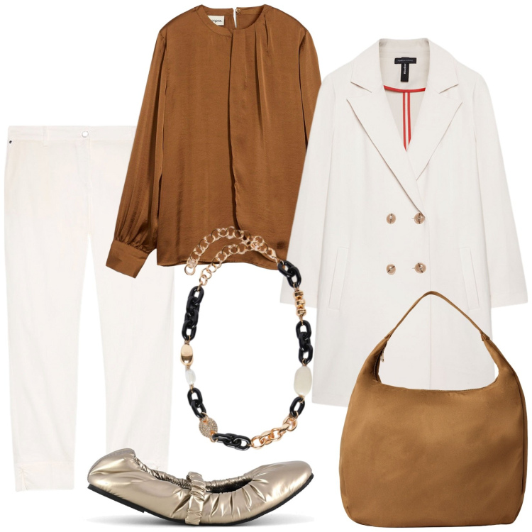Outfit donna - Total look #2248577. Stile Chic per Tutti i giorni. Abbinamento con bluse, borse a mano, ballerine, cappotti, pantaloni chino, collane.