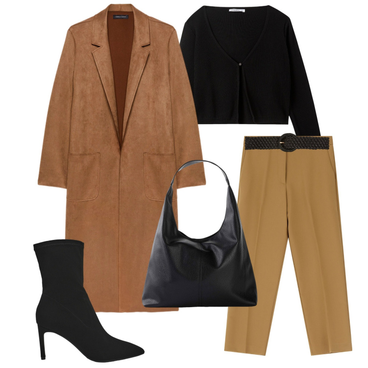 Outfit donna - Trench fluido. Stile Casual chic per Serata fuori. Abbinamento con shopping bag, cardigans, stivali, cinture, pantaloni, trench.