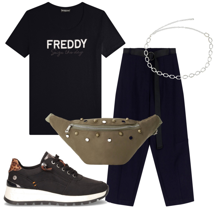 Outfit donna - Comoda per il giorno. Stile Sporty chic per Sport. Abbinamento con pantaloni, t-shirt, marsupi, collane, sneakers.