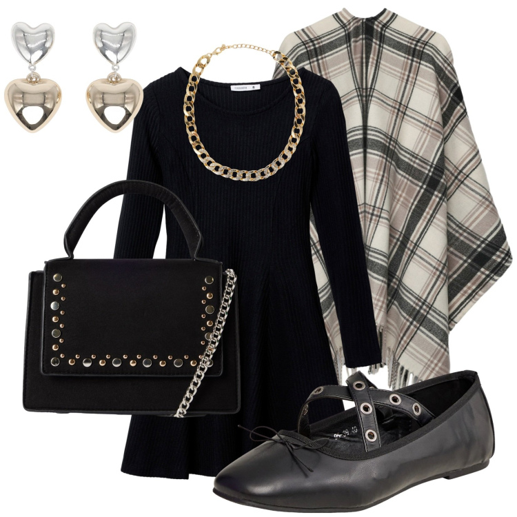 Outfit donna - Borchiette. Stile Casual per Scuola/Università. Abbinamento con ballerine, collane, orecchini, borse a tracolla, cappotti, vestiti corti.