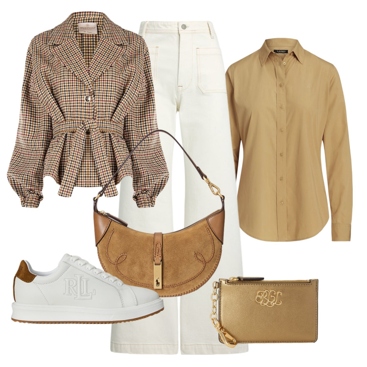 Outfit donna - Brunch denim dettagli oro. Stile Trendy Abbinamento con caban, jeans, sneakers, camicie, borse a spalla, portafogli.