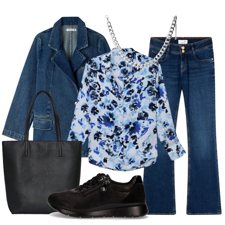 Outfit donna - Camicia in fantasia. Stile Casual per Tutti i giorni. Abbinamento con camicie, blazer, borse tote, collane, jeans a zampa, sneakers.