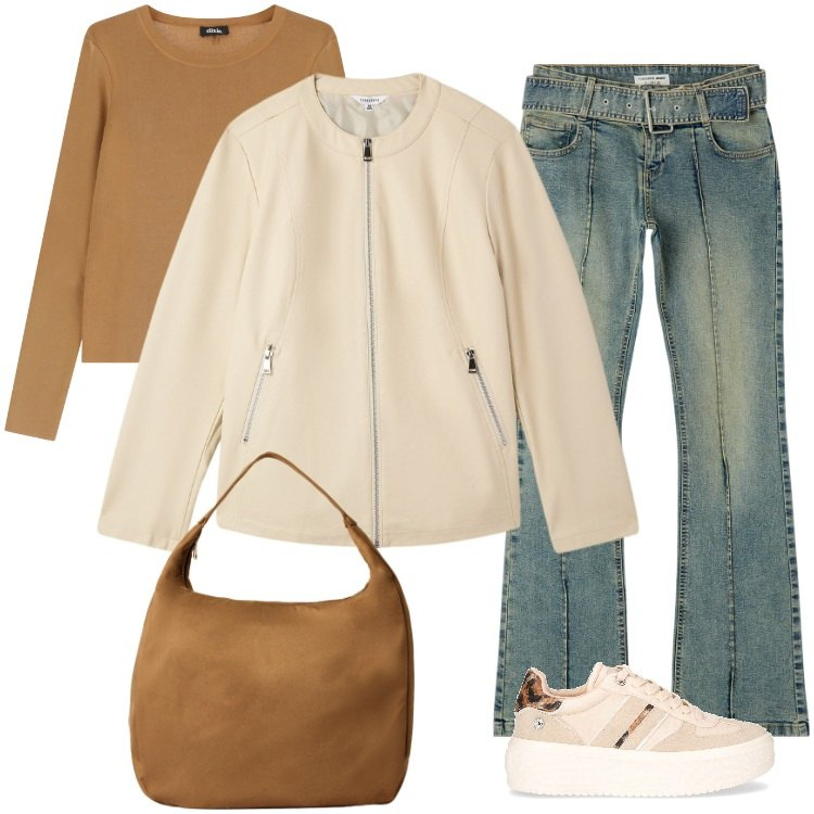 Outfit donna - Total look #2248588. Stile Urban per Scuola/Università. Abbinamento con borse a mano, jeans a zampa, giacche, pullovers, sneakers.