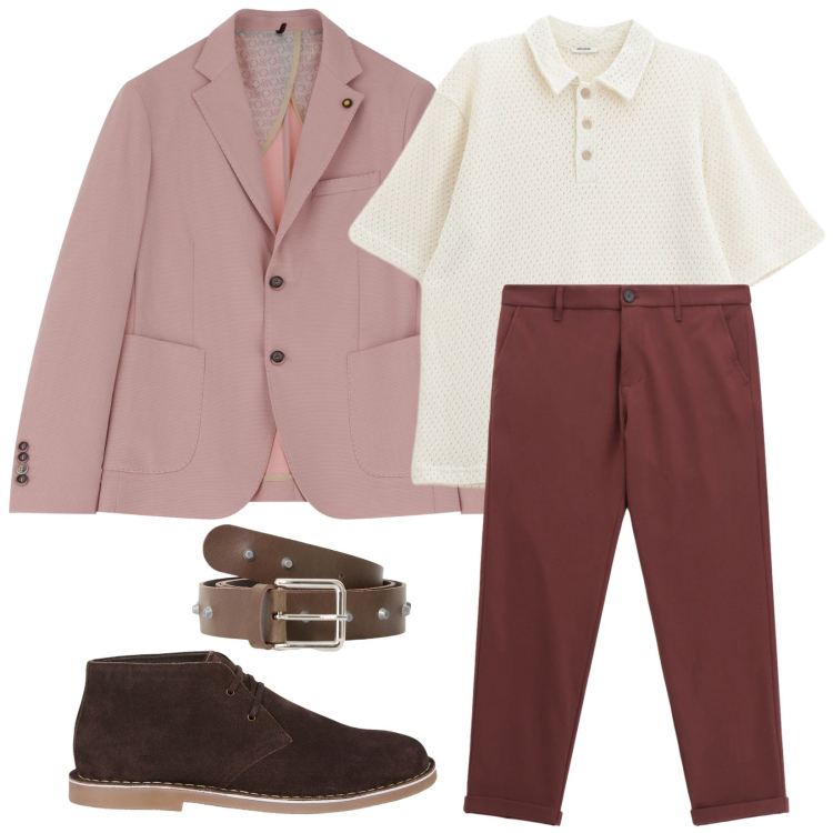 Outfit uomo - Libero ed informale. Stile Trendy per Cerimonia. Abbinamento con giacche, cinture, polo, pantaloni, stivali e stivaletti.