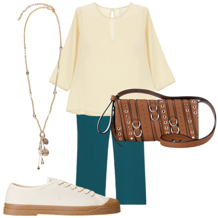 Outfit donna - Brunch comodo. Stile Casual chic per Tutti i giorni. Abbinamento con borse a spalla, bluse, sneakers, ciondoli, pantaloni.
