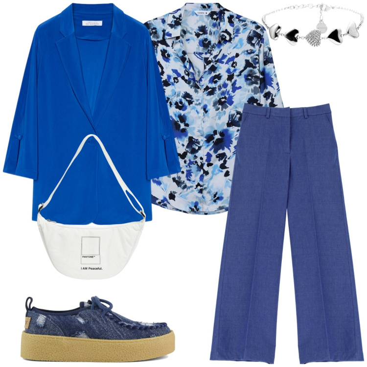 Outfit donna - Total look #2248593. Stile Casual chic per Tutti i giorni. Abbinamento con marsupi, camicie, pantaloni a palazzo, braccialetti, mocassini, blazer.