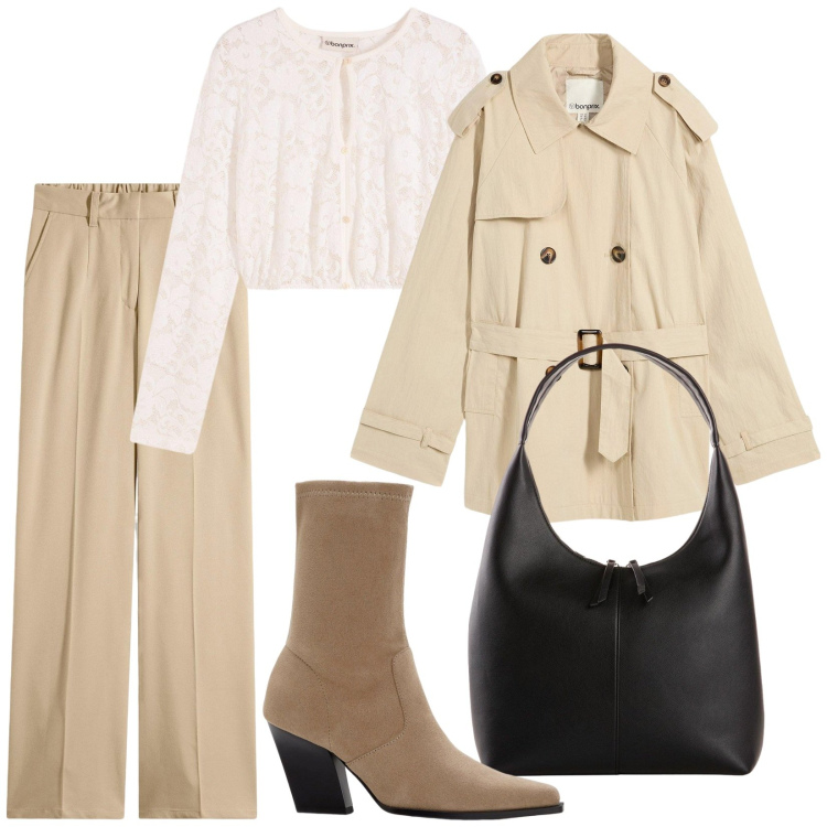 Outfit donna - Total look #2248594. Stile Basic per Tutti i giorni. Abbinamento con pantaloni, trench, stivaletti, shopping bag, camicie.