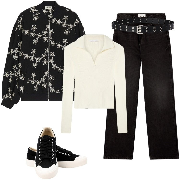 Outfit donna - Total look #2248596. Stile Boho per Serata fuori. Abbinamento con bomber, cinture, maglieria, jeans dritti, sneakers.
