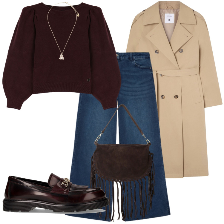Outfit donna - Trench fluido. Stile Casual chic per Tutti i giorni. Abbinamento con trench, ciondoli, borse a tracolla, maglieria, jeans, mocassini.