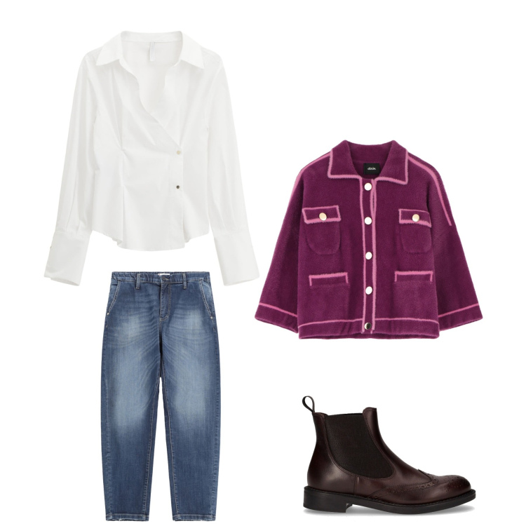 Outfit donna - Sportychic. Stile Casual Abbinamento con camicie, jeans, cardigans, stivaletti chelsea.