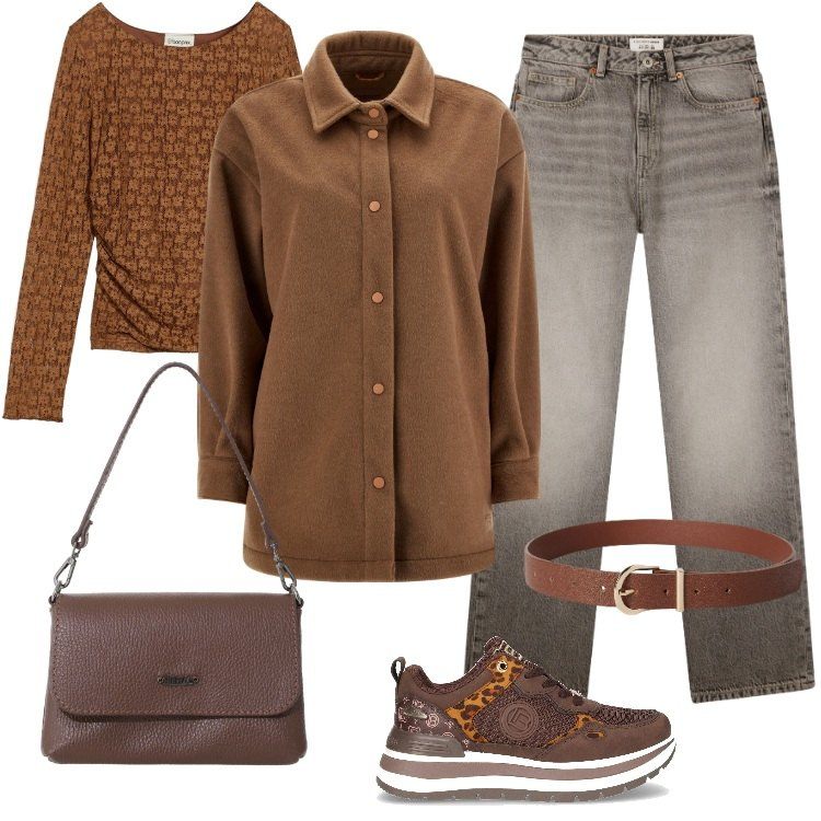 Outfit donna - Il Cappotto a camicia Over. Stile Urban per Scuola/Università. Abbinamento con maglieria, cinture, jeans dritti, borse a tracolla, cappotti, sneakers.