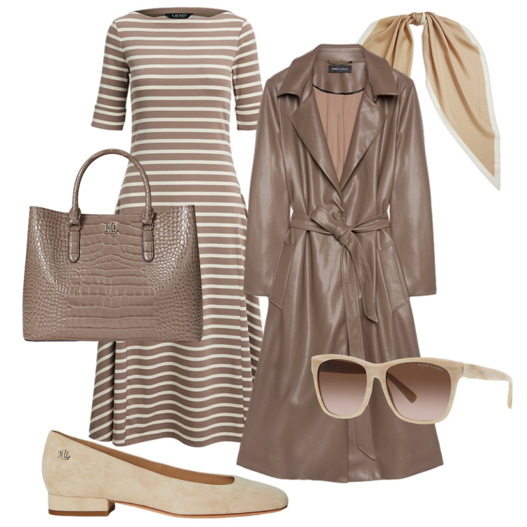 Outfit donna - Trench fluido e abito midi. Stile Glamour per Ufficio. Abbinamento con ballerine, occhiali da sole, foulard, vestiti, borse a mano, trench.