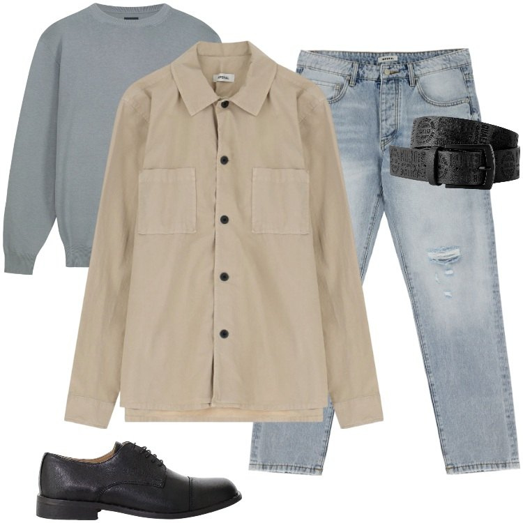 Outfit uomo - Total look #2248605. Stile Urban per Tutti i giorni. Abbinamento con cinture, jeans strappati, giacche, scarpe stringate, maglieria.