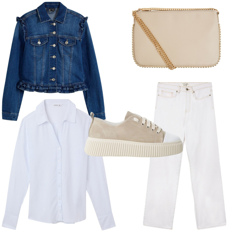 Outfit donna - Il giubbino must have. Stile Casual chic per Tutti i giorni. Abbinamento con blazer, borse a tracolla, camicie, jeans dritti, sneakers.