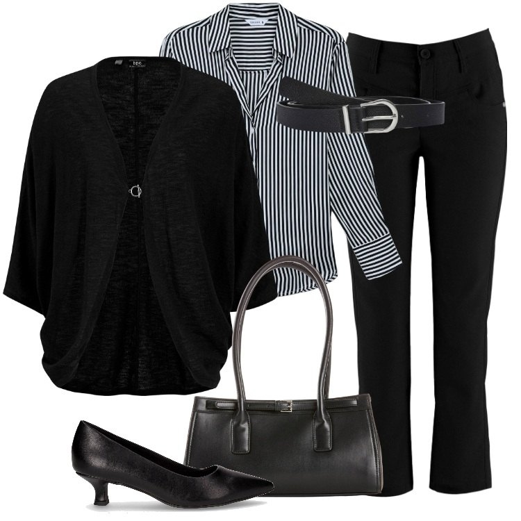 Outfit donna - Total look #2248612. Stile Casual per Ufficio. Abbinamento con pantaloni, cardigans, borse a mano, cinture, camicie, décolleté.