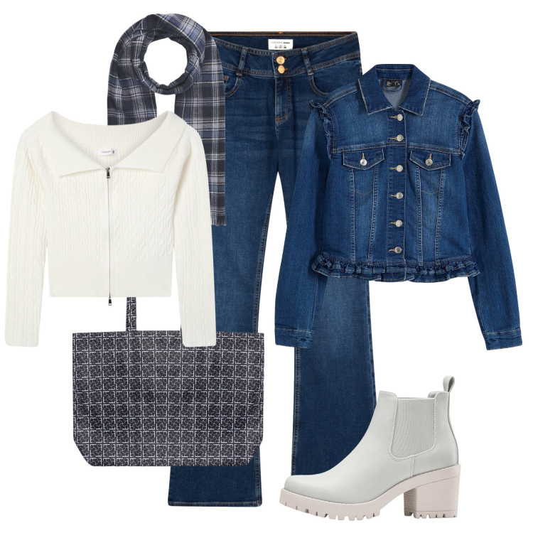 Outfit donna - Giubbino di jeans con rouches-@dleo2011. Stile Casual per Tutti i giorni. Abbinamento con stivaletti chelsea, blazer, jeans a zampa, maglieria, sciarpe, shopping bag.