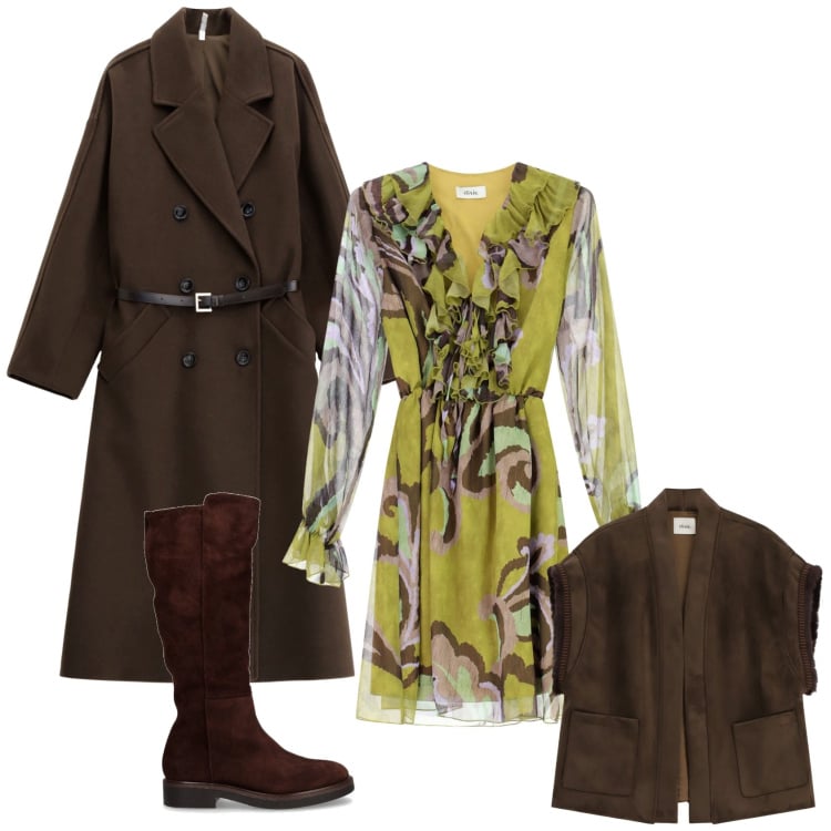 Outfit donna - Marrone giallo per l autunno. Stile Casual chic per Tutti i giorni. Abbinamento con cappotti, vestiti, gilet, stivali.