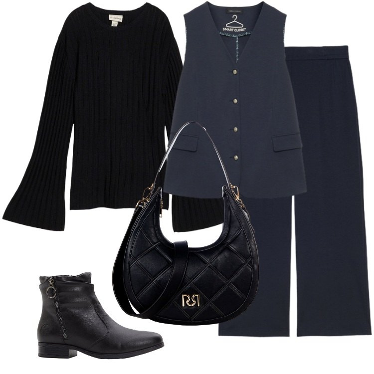 Outfit donna - Comoda in città. Stile Casual per Ufficio. Abbinamento con stivaletti, maglieria, borse a tracolla, gilet, pantaloni.