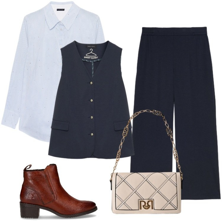 Outfit donna - Total look #2248616. Stile Casual per Ufficio. Abbinamento con borse a tracolla, gilet, camicie, stivaletti, pantaloni.