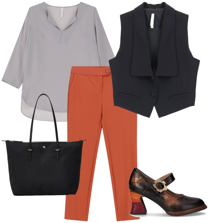 Outfit donna - Autunno in arrivo…. Stile Glamour per Tutti i giorni. Abbinamento con bluse, gilet, pantaloni, borse tote, décolleté.