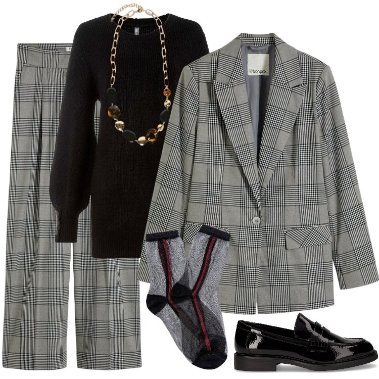Outfit donna - Il calzino giusto. Stile Casual per Ufficio. Abbinamento con maglieria, blazer, pantaloni, mocassini, calzini, collane.