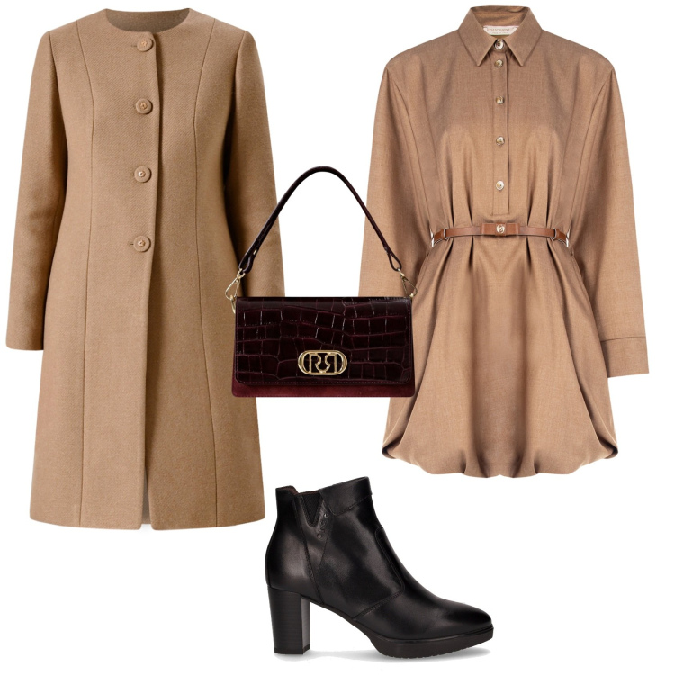 Outfit donna - Total look #2248623. Stile Chic per Serata fuori. Abbinamento con cappotti, vestiti chemisier, borse a mano, stivaletti.